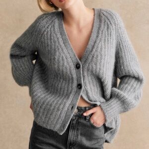 Sézane Basile Cardigan, v neck, L, middle gray, like new, firm price